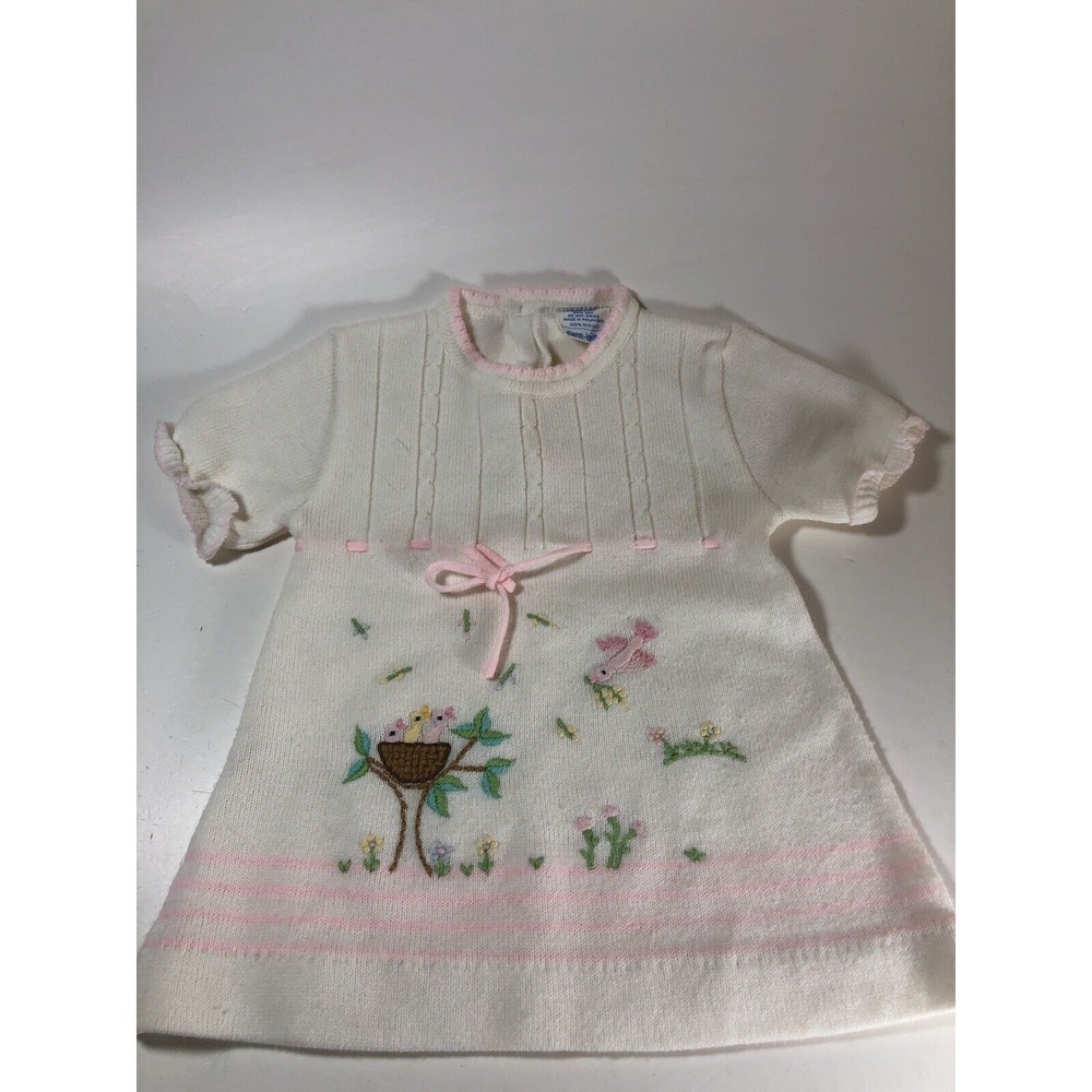 Vintage NANN-KNITS Sweater Dress Birdies in Nest Mama Bird Feed 12-18 Months